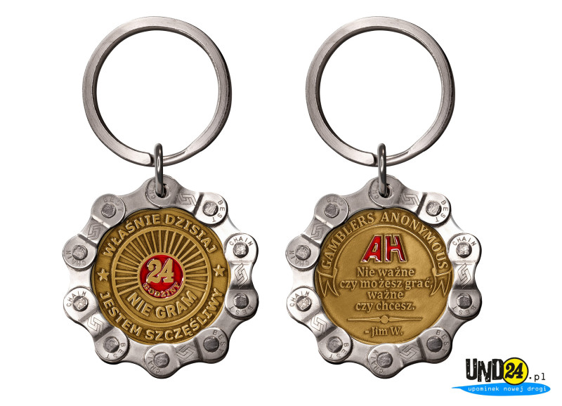 Designerski brelok - Medal Anonimowi Hazardziści - 24 Godziny - Jestem Szczęśliwy - w Amerykańskim Stylu w Łańcuchu